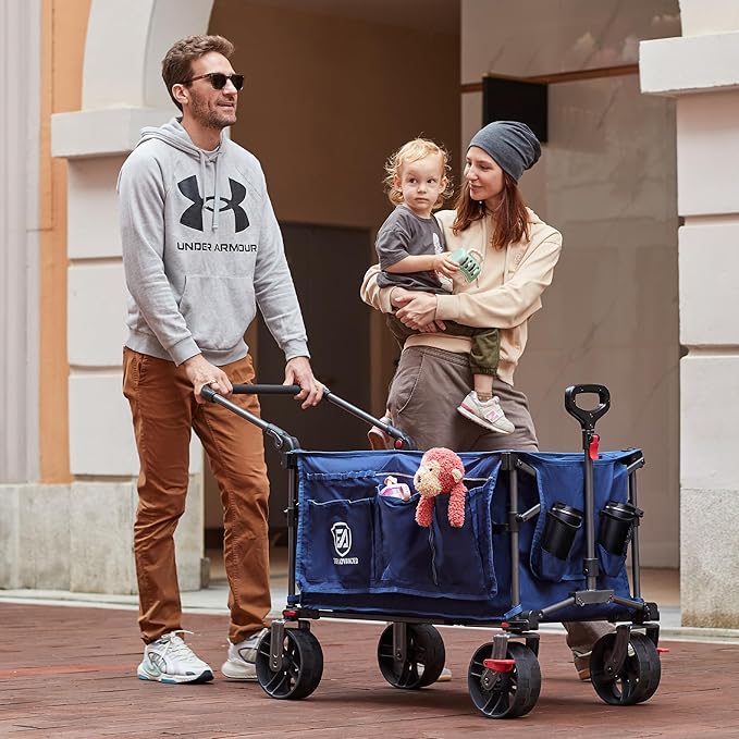 EVER ADVANCED Folding Push Wagon with Brakes, Portable Shopping Cart, Collapsible Wagon Cart with All-Terrain Big Wheels for Camping, Beach, Sports