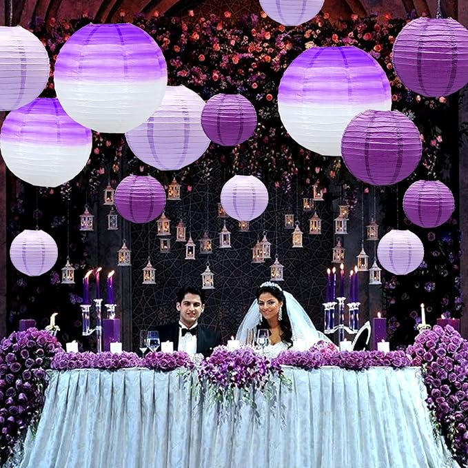 14 PCS Paper Lanterns, Gradient Purple Round Paper Decorative Lantern Lamps, Hanging Lanterns Chinese Tissue Indoor Room & Outdoor Party Supplies Decoration