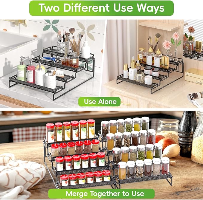 4 Tier Spice Rack Organizer for Inside Cabinet Expandable Display Riser Shelf Seasoning Organizer for Countertop Cupboard Pantry Adjustable Step Storage Holder with Protection Railing (Black, 2PC)