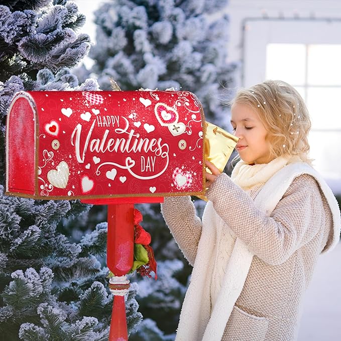 Happy Valentine's Mailbox Covers Magnetic Standard Size 25.5x21 Inch Romantic Red Love Heart Decorative Letter Box Wraps Sweet Holiday Anniversary Mail Box Post Cover for Home Outdoor Garden Decor