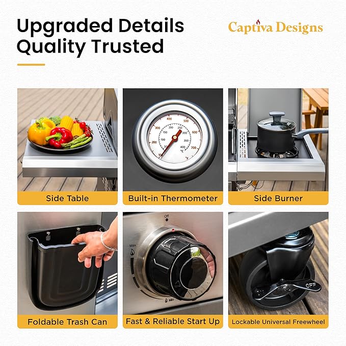 Captiva Designs 6-Burner Propane Gas BBQ Grill with Side Burner & Porcelain-Enameled Cast Iron Grate and Plate for Outdoor Barbucue Events, 52,000 BTU Output,740 SQ.IN. Cooking Area๏ผHeavy Duty