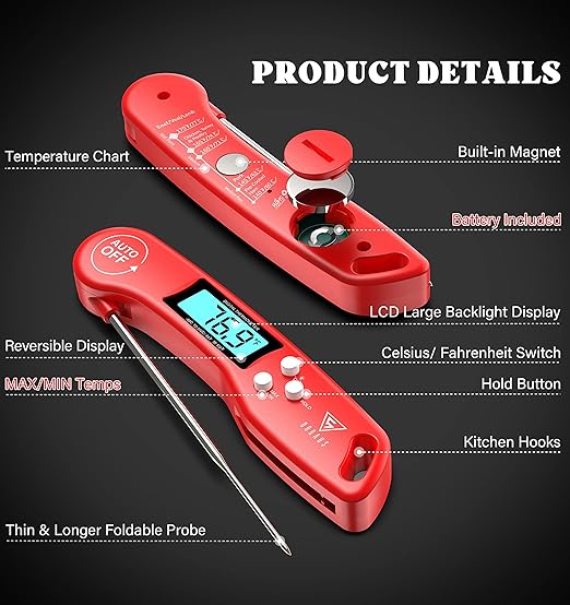 DOQAUS Digital Meat Thermometer, Instant Read Food Thermometers for Cooking, Kitchen Probe with Backlit & Reversible Display, Wide Temperature Range for Turkey, Grill, BBQ, Baking, Bread, Sourdough