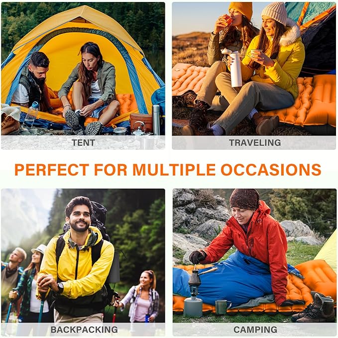Camping Sleeping Pad, Ultralight Camping Mat with Pillow Built-in Foot Pump Inflatable Sleeping Pads Compact for Camping Backpacking Hiking Traveling - Orange