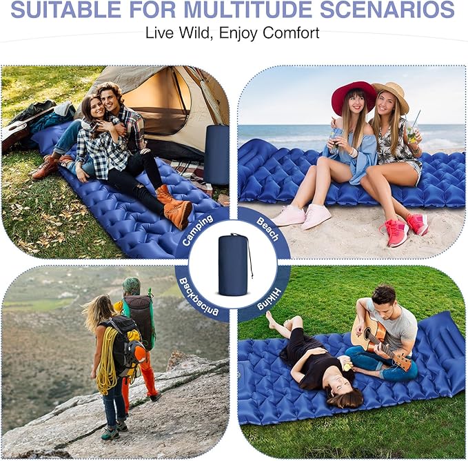 Camping Sleeping Pad, Ultralight Camping Mat with Pillow Built-in Foot Pump, 4" Thick Inflatable Sleeping Mat Compact for Backpacking, Hiking, Car Traveling, Camp Tent