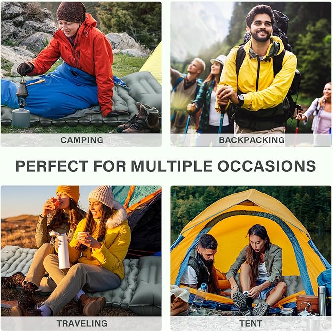 Camping Sleeping Pad, Ultralight Camping Mat with Pillow Built-in Foot Pump Inflatable Sleeping Pads Compact for Camping Backpacking Hiking Traveling - Gray