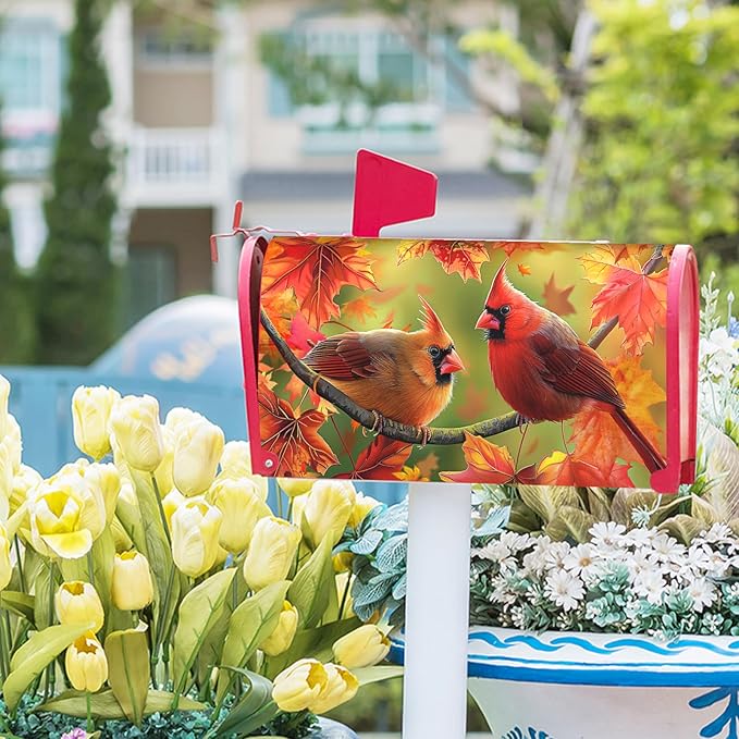 Autumn Bird Mailbox Cover Magnetic Large Size 25.5x21 Inch Fall Red Birds with Maple Leaves Mailbox Covers Happy Holiday Thanksgiving Mailbox Post Cover Decor Letter Box Wraps for Outdoor Garden Yard