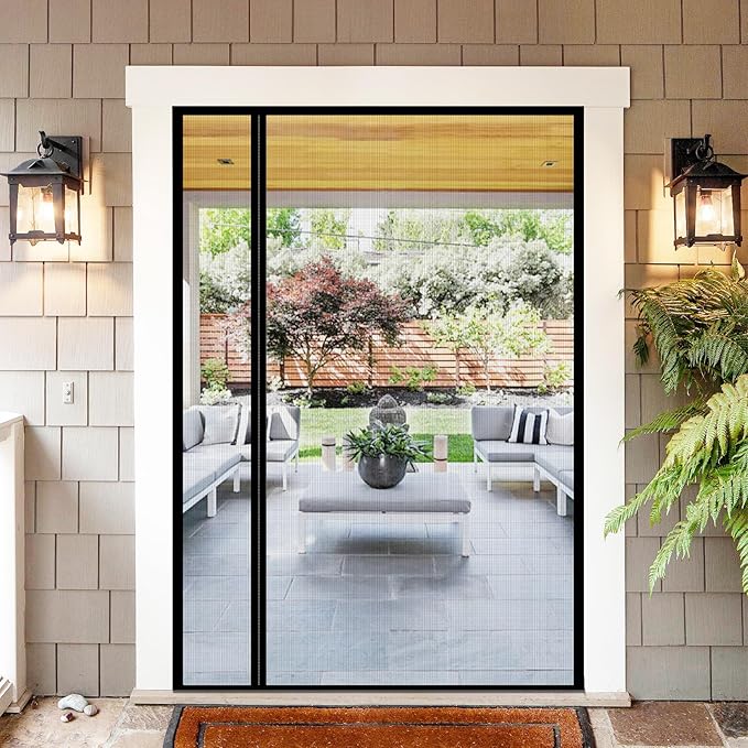 Fiberglass Magnetic Door Screen Fit Door Size 72 x 80 Inch, Sunmoxia Reversible Left or Right Side Opening Durable Reinforced Mesh Curtain, Heavy Duty Screen Door