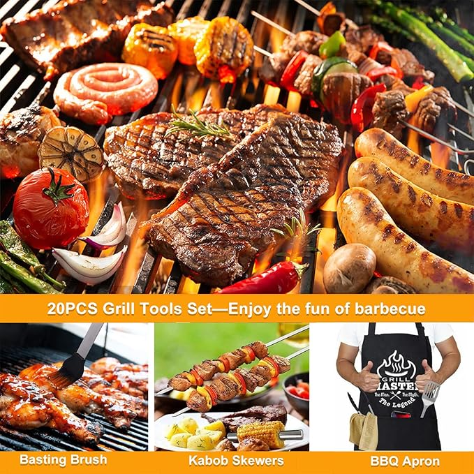 MUJUZE Grilling Accessories,20pcs BBQ Accessories Set,Grilling Gifts for Men Dad Fathers Day,Stainless Steel BBQ Tools for Men with Apron,Grill Tools Set for Outdoor,Camping,Backyard