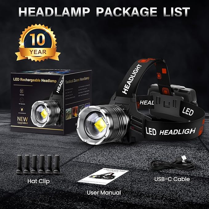 AKNEAR LED Rechargeable Headlamp 4500 High Lumens, 95 Hours Endurance Head Lamp with Zoomable & 12 Modes & IPX7 Waterproof & 125ยฐ Adjustable, Super Bright Head Light for Outdoor, Camping, Hard Hat