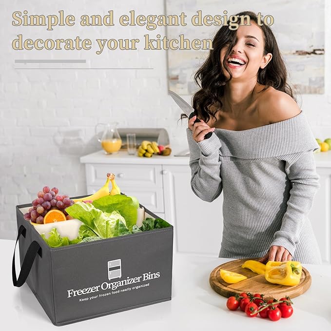 Freezer Organizer Bins, 4 Pack Collapsible Deep Freezer Organizer Bins for 15"x14"x9", freezer Storage Bins with Removable Dividers, Handles (Dark Grey, 4 Pack)