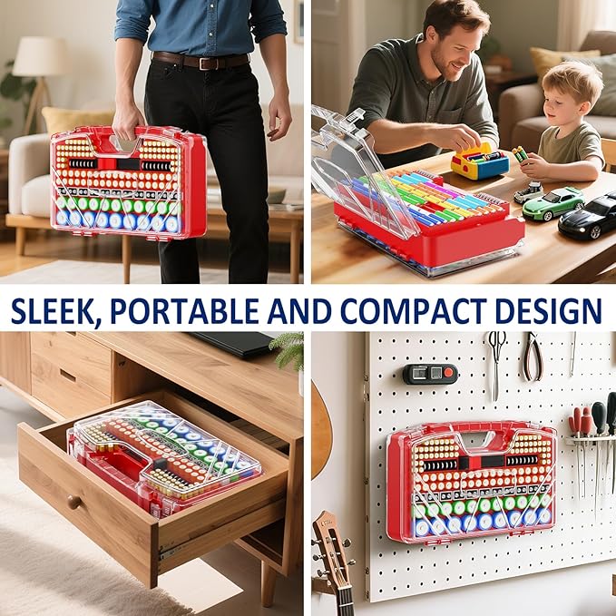 Battery Organizer Storage Case, Battery Storage Holder Organizer Box with Tester - 285 Batteries Double-Sided Variety Pack, Holds AA AAA 4A C D Cell 9V 3V Lithium LR44 CR2 CR123 CR1632 18650 Button
