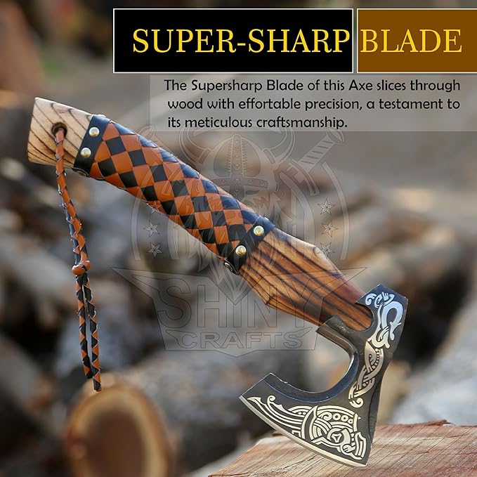 SHINY CRAFTS Viking Axe - Handmade Hatchet Norse Valhalla Runic Carbon Steel Head Engraved Handle Wolf Camp Axe With Genuine Leather Sheath & Wrap (SCA 03)
