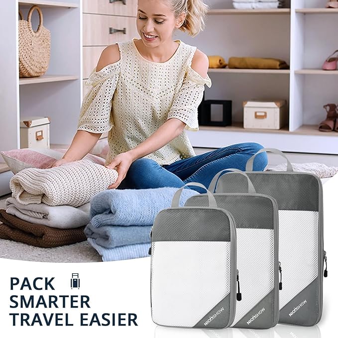 3 Set Compression Packing Cubes for Travel - Compressible, Lightweight, and Space-Saving Packing Cubes, Travel Essentials for Women, Grey