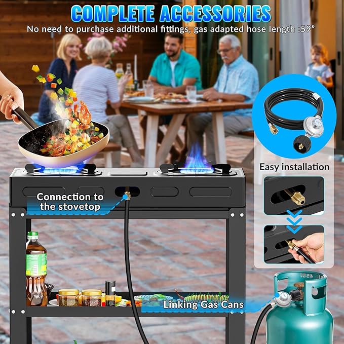 2 Burner Propane Gas Stove,19000BTU Portable Gas Stove with Support Leg Stand and Adapter Auto Ignition Camping Stove,propane burner for RV, Apartment, Outdoor Cooking