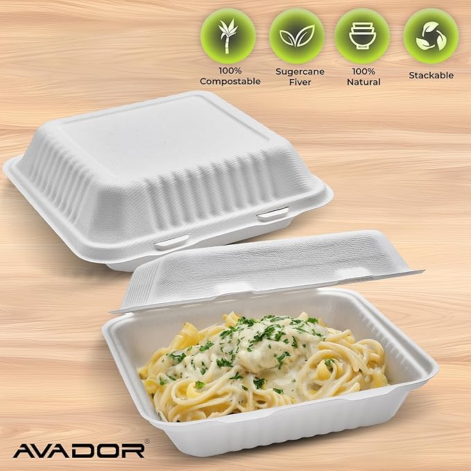 AVADOR® Compostable Tableware 100% Eco-Friendly & Biodegradable Dinnerware Eco-Conscious, Disposable, and 100% Biodegradable (9 Inch x 9 Inch Clamshell Pack of 50)