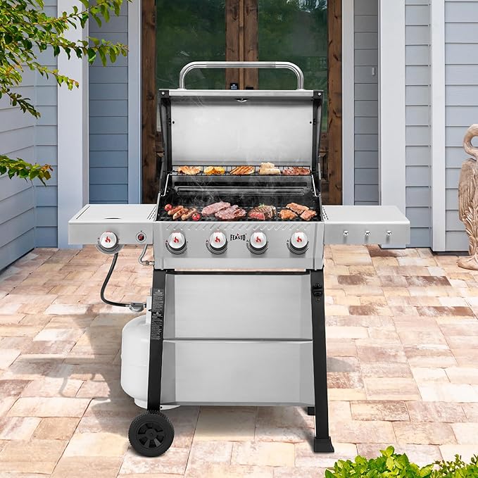 4-Burner Propane Gas Grill with Side Burner&Table, Outdoor BBQ Grill with Porcelain-Enamel Cast Iron Grates for Patio, 48,000 BTU Output Propane Grills for Outdoor Cooking, Stainless Steel