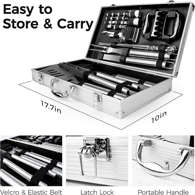 BBQ Accessories Grill Tools - Grilling Gifts for Men Dad, 32Pcs Heavy Duty Stainless Steel Barbecue Grill Accessories for Outdoor Grill with Aluminum Case and Apron, Dad Men Gifts for Christmas
