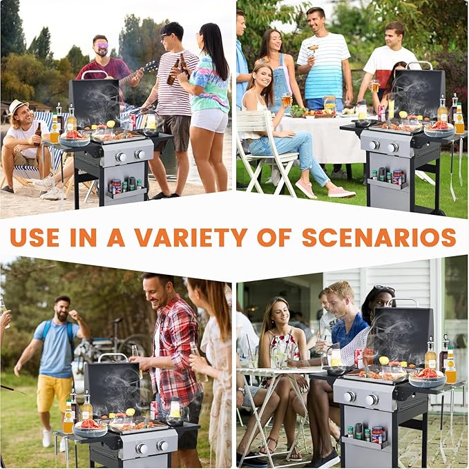 2-Burner Propane Gas BBQ Grill, SS Plancha, 24600BTU Stainless Steel Barbecue Grill With Wire Enamel Cooking Grids Foldable Side Table for Outdoor Camping (Style9: 2-Burner with SS Plancha)