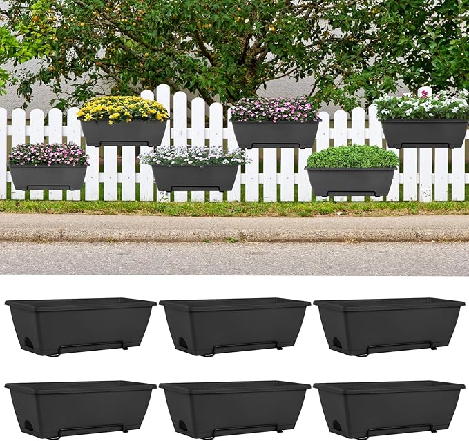 HAITRAL Hanging Planters for Outdoor Plants,Deck Railing Planter Boxes Countryside Style Window Boxes Planters, Balcony Flower Pots Plastic Railing Planter with Metal Brackets for Fence,Black 6 Pcs