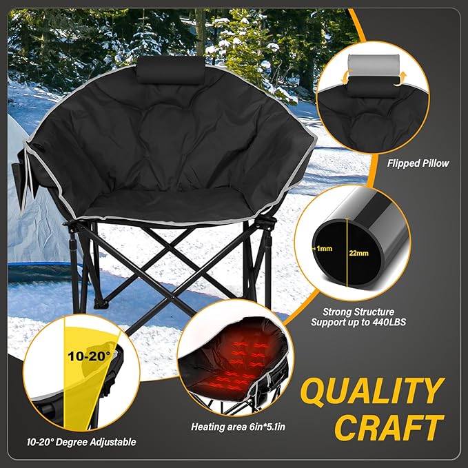 Oversized Heated Camping Chair, 3 Heat Levels Portable Heated Folding Chairs, Camping Heated Chair for Adults Supports 440 lbs, Heavy Lawn Chair for Camping/Patio/Outdoor Sport