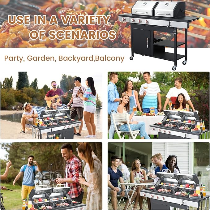 3-Burner Propane Gas BBQ Charcoal Grill Combo with Side Burner, 37230BTU Stainless Steel Barbecue Grill With Enameled Cast Iron Cooking Grids For Outdoor Camping
