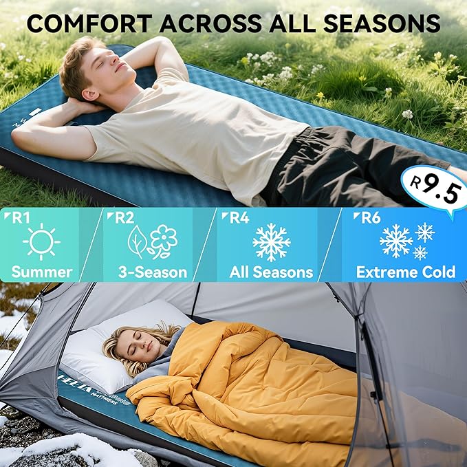 HEETA Self Inflating Sleeping Pad with Electric Pump, 4" Ultra Thick Memory Foam Camping Mattress, 9.5 R-Value Insulated Sleeping Mat, Easy to Inflate & Deflate for Camping Car Travel Tent Cot Bed