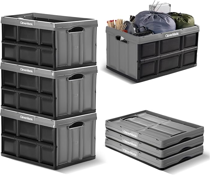 CleverMade Collapsible Storage Bins - Stone 3 Pack 46L - Stackable Containers Heavy Duty Capacity Folding Crates - Space-Saving for Home