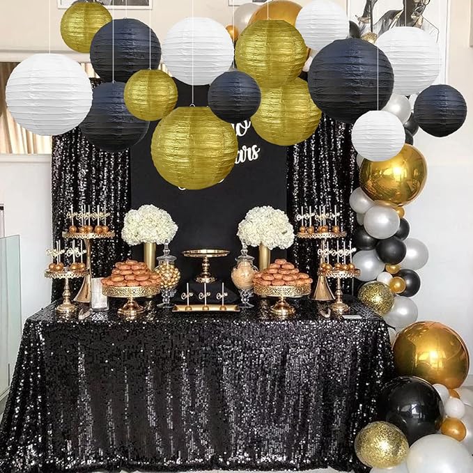 BEISHIDA 16 Pcs Black Gold Paper Lanterns,Hanging Decorative Chinese Japanese Round Paper Lantern Lamp for Wedding Graduation Anniversary Birthday Party Decoration