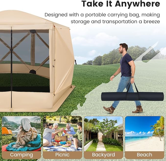 Tangkula 11.5x11.5 Ft Pop Up Gazebo with Netting, Portable Screen Tent with 6 Sided Mesh Walls, 2 Sunshade Cloths, Outdoor Instant Canopy Shelter with Carry Bag for Camping, Lawn, Backyard