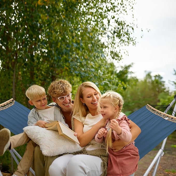 Tranquillo Ultimate Relaxation Portable Hammock Stand with Cotton Canvas, Spreader Bar, Quick Fold Unfold in 30 Seconds Steel Frame Hammock 600 lbs Capacity Hammock Set, White Frame, Blue