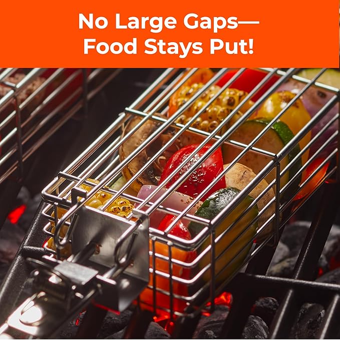 Large Grilling Basket Set – 3 Stainless Steel Kabob Baskets with Removable Handle & Scrubber Sponge – Heavy-Duty Grill Accessory for Veggies, Meat & More