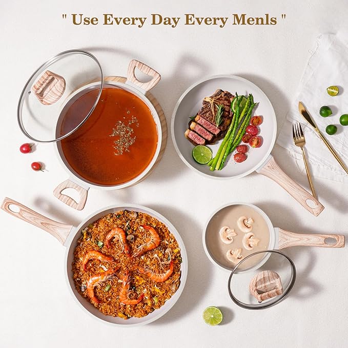 12 Pcs Pots and Pans Set Non Stick, Cookware Sets White Granite Induction Cookware, Non-toxic Healthy Nonstick Kitchen Cooking Set with Frying Pans Set, Saucepans (PFAS/PFOA/PFOS Free)