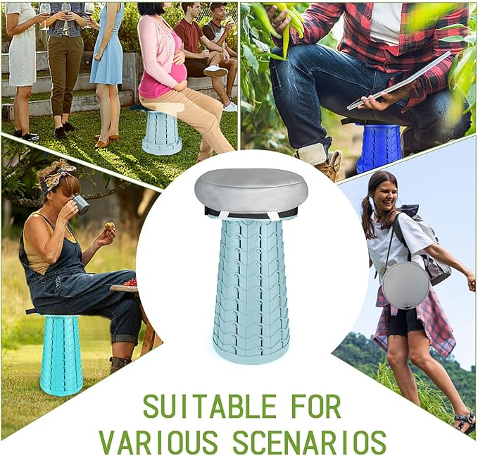 Deer's Life Portable Collapsible Stool with Cushion Pad, Retractable Folding Telescopic Camping Seat for Adults, Small Lightweight Sturdy Adjustable Stools for Travel,Kitchen,Garden,Fishing