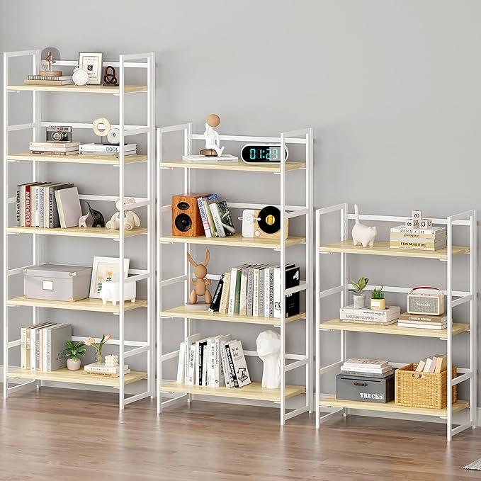 BHG Vintage Multifunctional Folding Bookshelf, No-Assembly Plant Stand Storage Rack Shelves for Home Office (White, 3-Tier)