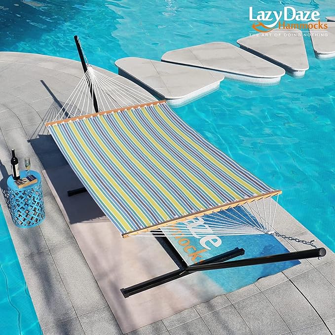 Lazy Daze Hammocks Quick Dry Hammock with Spreader Bar 2 Person Double Hammock with Chains Outdoor Outside Patio Poolside Backyard Beach 450 lbs Capacity, Blue Green Stripes