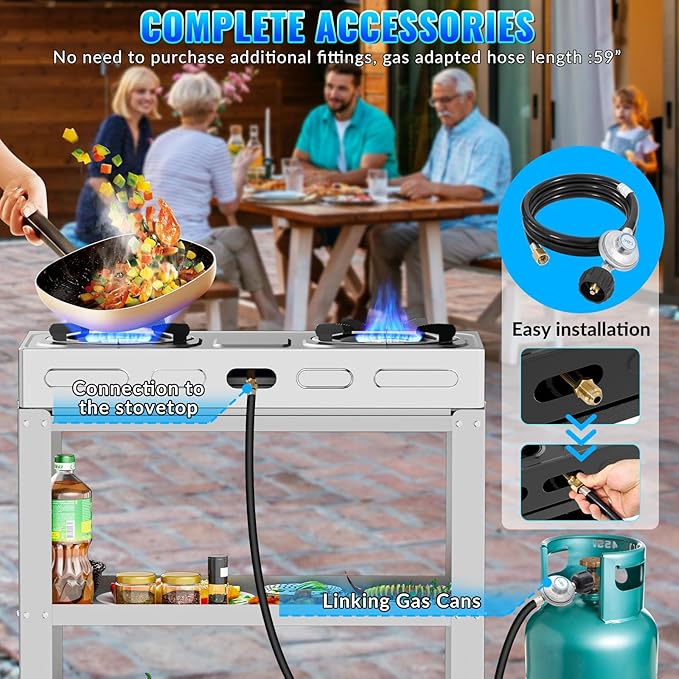 2 Burner Propane Gas Stove,19000BTU Portable Gas Stove with Support Leg Stand and Adapter Auto Ignition Camping Stove,propane burner for RV, Apartment, Outdoor Cooking