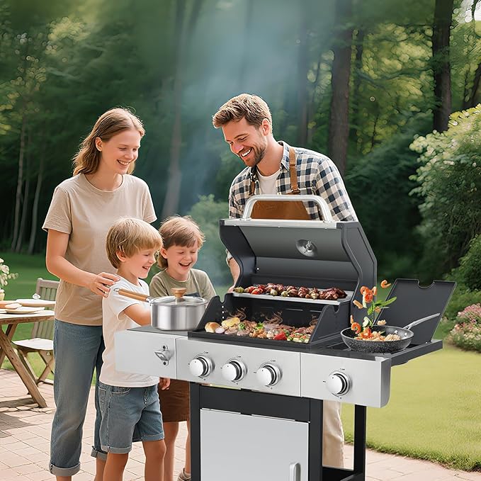 3-Burner Propane Gas BBQ Grill with Side Burner, Porcelain-Enameled Cast Iron Grates, Foldable Side Table, 37,230 BTU Stainless Steel Grill for Outdoor Camping Barbecue Grilling Backyard Cooking