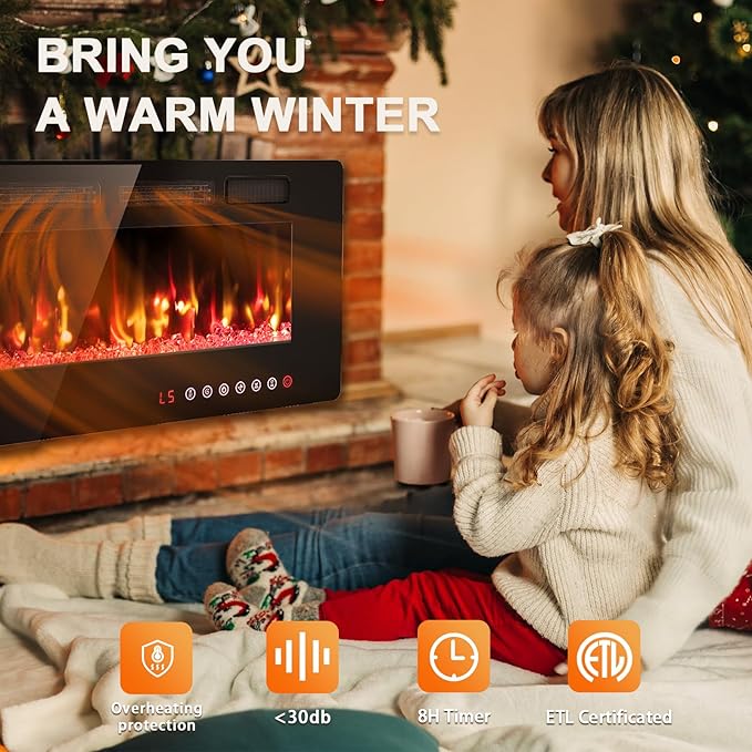 BREEZEHEAT 50 Inch Ultra Thin Electric Fireplace-Freestanding or Recessed Wall Mounted Fireplace Heater, Remote Control, Touch Screen, 750W/1500W, 8H Timer for Living Room, Bedroom, Office