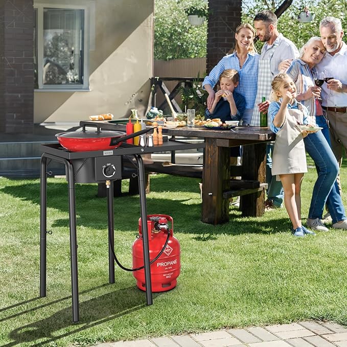 ROVSUN Single Burner Propane Gas Stove with Side Shelf & Carrying Bag, 100,000 BTU Portable Stove with Removable Legs & Regulator for Camping Home Backyard Cooking Brewing Canning Turkey Frying