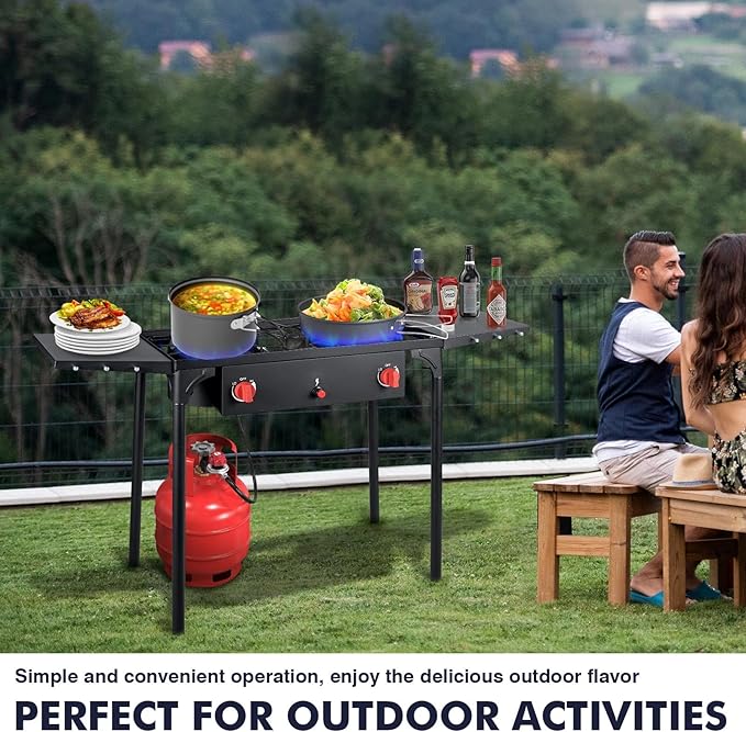 Llamaviva 2 Burner Gas Stove, Propane Outdoor Stove with Side Shelves, Auto Ignition Button, Removable Legs&Regulator, 150,000 BTU, Propane Burners for Outdoor Cooking, Camping&BBQ Cookouts