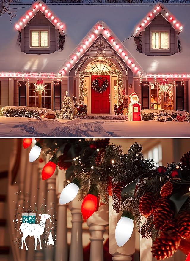 C9 LED Christmas Lights Outdoor, 50 Feet String with 50 Shatterproof Matte Bulbs, Connectable Waterproof Tree Lights for Holiday Roofline Backyard Garden Decor, Red & Pure White
