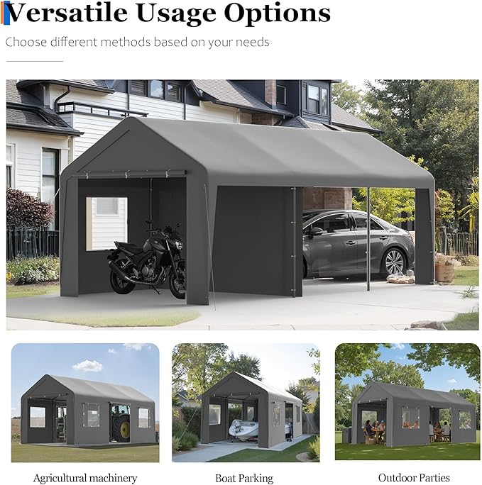Carport, 13‘ x 20’ Heavy Duty Portable Garage All-Season Car Canopy w/Removable Sidewall & Doors, Carport Canopy Party Tent w/Water-Resistant Tarp for Backyard (Grey, 13‘ x 20')