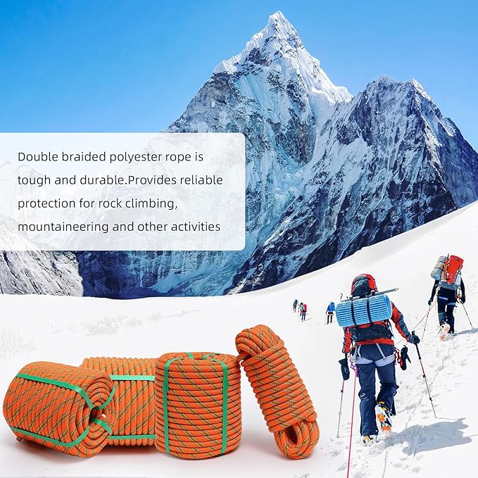 Climbing Rope, 1/2 Inch x 50 Feet Double Braided Arborist Rope Polyester for Outdoor, Climbing, Hiking, Swing, Tree Work, Halyard, Sailing etc(Orange)