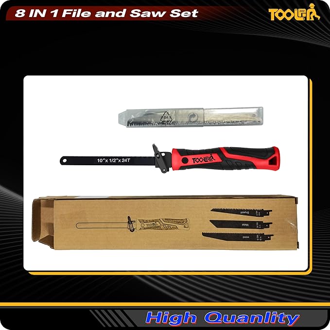 8-In-1 Multi Blades Hand Saw, Drywall Cutter. Hacksaw. Long Blade, Jab Saw, For Cutting Drywall, Sheetrock, Wood, Metel, Plastic, Plywood. Blade Quick Change Mechanism. Red Handle.
