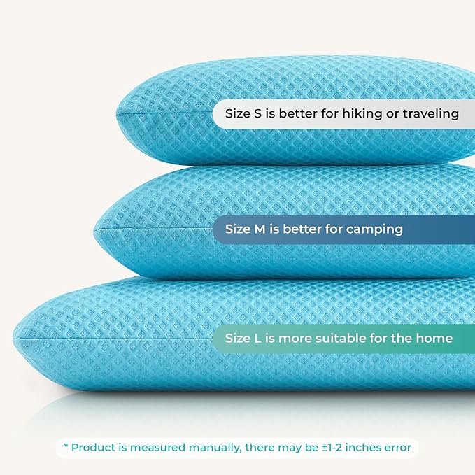 Travel Pillow Memory Foam Pillows, Camping Pillow-Compressible Medium Firm, Breathable Cover, Ideal Backpacking Hiking, Bed Pillows, Airplane and Car (Light Blue, L)