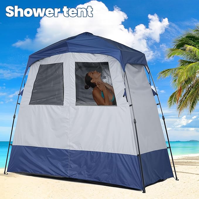Camping Shower Tent Deluxe Changing Room Easy Set Up Privacy Shelter,Large Toilet Tent with Floor Drain Design for Beach, Camping,Hiking with Stakes and Ropes for Stability