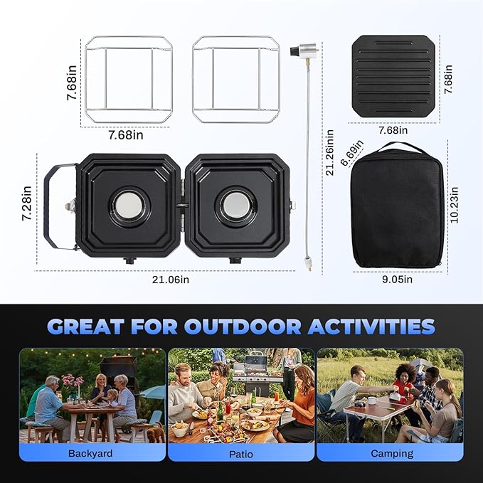 2-Burner Foldable Camping Stove with Griddle and Carrying Bag,16000 BTU Portable Propane Camp Stove with 2 Adjustable Burners & Piezo Ignition, for Camping, Home Backyard, Frying Turkey, Green