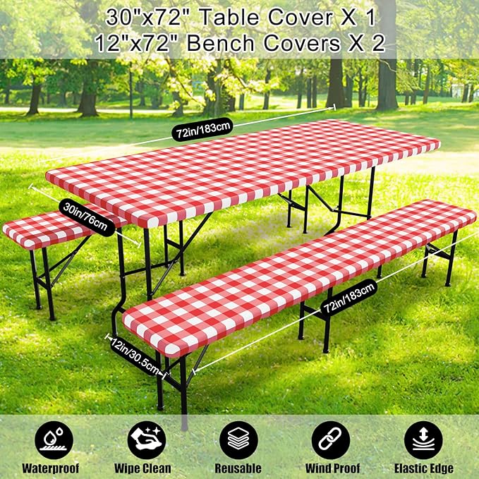 Smiry Picnic Table Cover with Bench Covers, Waterproof Elastic Fitted Tablecloths for 6 Foot Rectangle Tables, Washable Buffalo Plaid Tablecloth for Camping, Outdoor (Red & White, 30"x72")