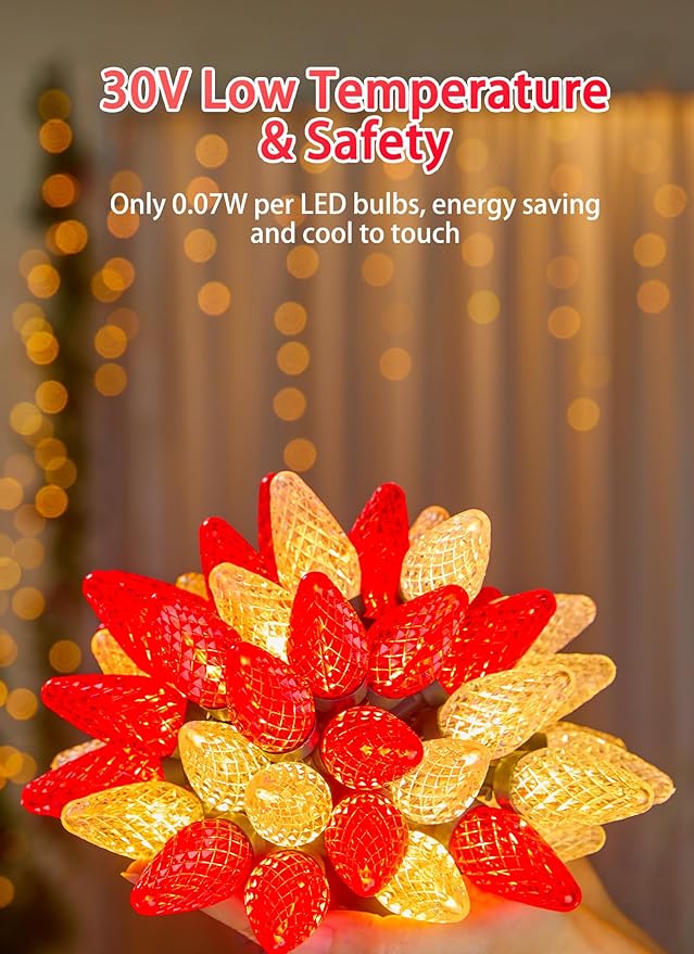 C9 LED Christmas Lights Outdoor, 81 Feet 100 LED String Lights with Timer & 8 Light Mode, Waterproof Commercial Grade Christmas Tree Lights for Outside Indoor Roofline Patio, Red & Warm White 2 Pack