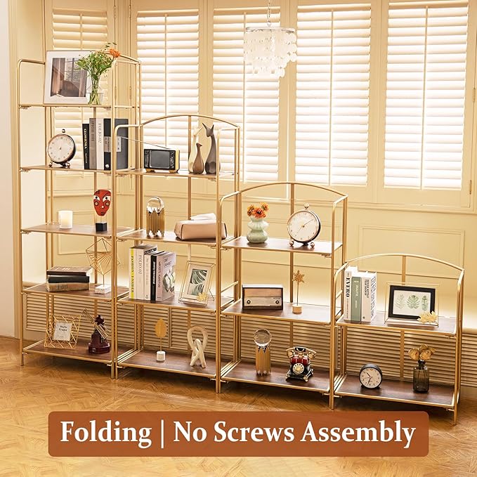 Crofy No Assembly Folding Bookshelf for Living Room, 5 Tier Gold Collapsible Book Shelf for Home Office, Portable Bookcase Storage Organizer